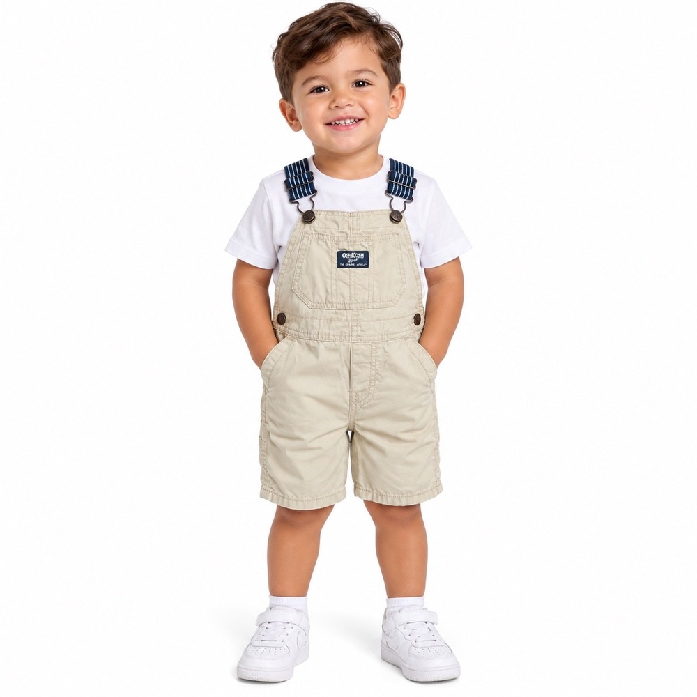 OshKosh Bgosh Toddler Boys Tan Khaki Cotton Canvas Shortall Overalls Size 3T